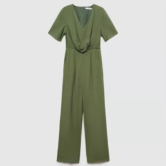 Mango Green Jumpsuit with Wrap V-Neck and Wide-Leg Pants - Picture 3 of 12